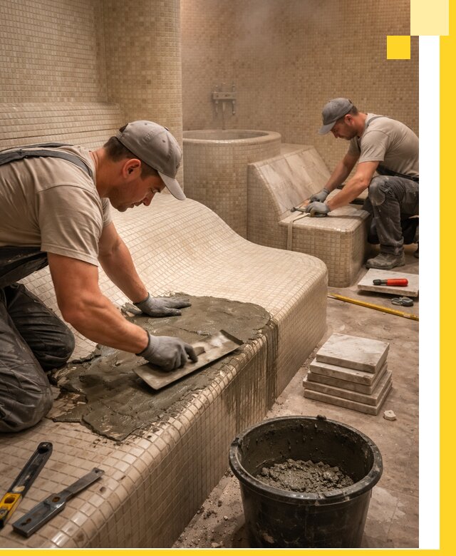 Лежаки для хамама под ключ в Нижнеудинске, проект и монтаж